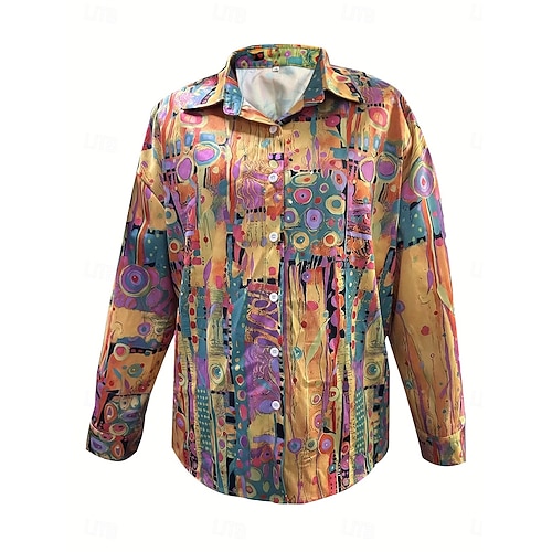  Damen Hemd Grafik Geometrisch Vintage Täglich Lässig Langarm Hemdkragen Normale Oberteile Täglich Ferien Druck Gelb Rote Blau Purpur Grün Sommer Frühling