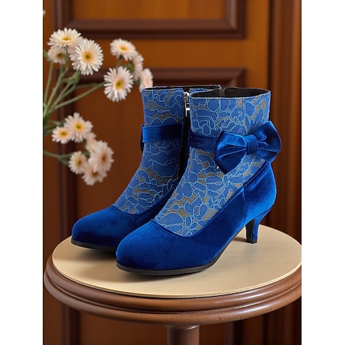  Dámské modré sametové kotníkové boty s mašlí - edvardovské vintage krajkové boty z roku 1900 pro viktoriánské večírky, retro akce nebo elegantní každodenní outfity