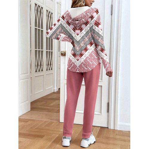  Completo da donna due pezzi, attivo, quotidiano, con felpa e pantaloni, manica lunga, scollo a V, con cappuccio, stampa floreale, con coulisse, casual, giallo, rosa, verde, autunno, vestibilità