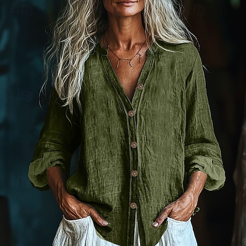  Per donna Camicia Camicie di cotone e lino Blusa con texture Blusa Semplice Moderno Casual Manica Lunga Scollo a V Top Regolari Quotidiano Ferie Uscire Bottoni Nero Bianco Rosa Vino Verde militare