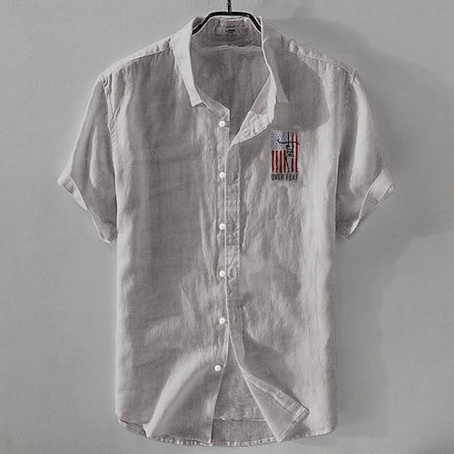  Herren Leinenhemd Freizeithemd Baumwoll-Leinen-Hemd Knopfhemd Flagge Urlaub Straße Weiß Dunkelmarine Himmelblau Khaki Kurzarm Revers Sommer Bekleidung Schnalle