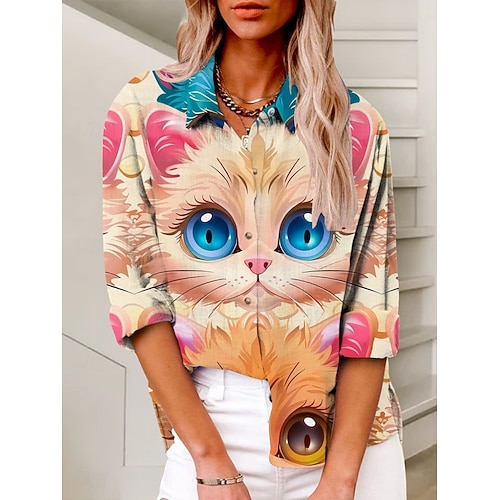  Women's Shirt Cat Active Daily Stylish Long Sleeve Shirt Collar Regular Tops Daily Holiday Buttons Print Pink Summer Spring Fall