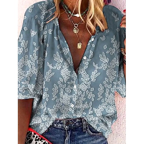  Dam sommartoppar blommig grafisk 3D bohem vintage vardaglig 3/4 längd ärm halvärmad V-hals vanliga toppar daglig semester strandkläder rynkad broderad tryck denim blå marinblå ljusblå sommar