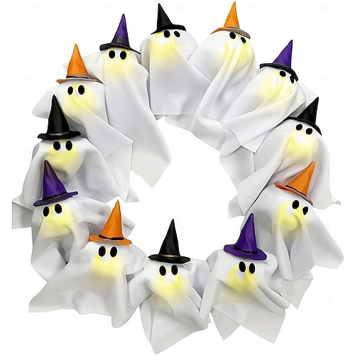  halloween szellemkoszorú fényekkel 16 hüvelykes 12 led-es kis világító fehér szellemgirland kísérteties szellemek halloween koszorúk bejárati ajtóra lógó boszorkánysapka szellem otthoni partiajtó