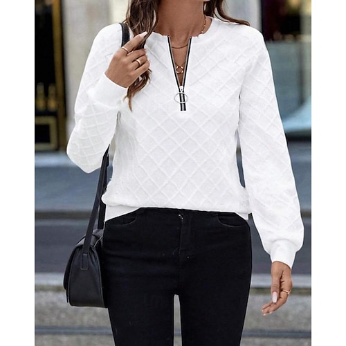  Per donna Felpa con texture Felpe Felpe con cerniera Semplice Streetwear Casual Comodo Manica Lunga Collo Alto Top Regolari Streetwear Ferie Uscire Zip a un quarto Bianco Primavera Autunno