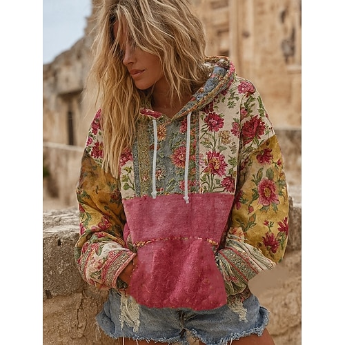 Women's Pullover Hoodie Sweatshirt Floral Graphic Casual Boho Long Sleeve Hooded Regular Tops Street Dailywear Patchwork Print Front Pocket Red Fall Winter