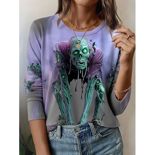  Halloween Dame T skjorte Grafisk Hodeskaller Årgang Mote Stilfull Langermet Crew-hals Vanlige topper Daglig Helg Trykt mønster Gul Blå Lilla Grønn Sommer Vår Høst