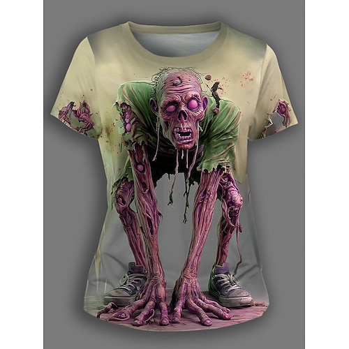  Halloween Női Póló Koponyák Grafika Kényelmes Vicces Rövid Ujjú Könyök Nyak Kerek Nyak Rendes Felsők Napi Kimenő Hétvégi Nyomtatás Sárga Kék Lila Zöld Nyár
