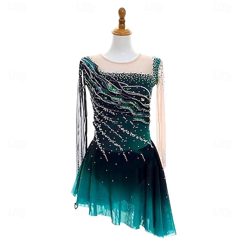 Figure Skating Dress Women's Girls' Ice Skating Dress Dark Green Open Back  Asymmetric Hem Mesh High Elasticity Training Competition Skating Wear  Classic Crystal / Rhinestone Long Sleeve Ice Skating Figure 2026 - $271.69
