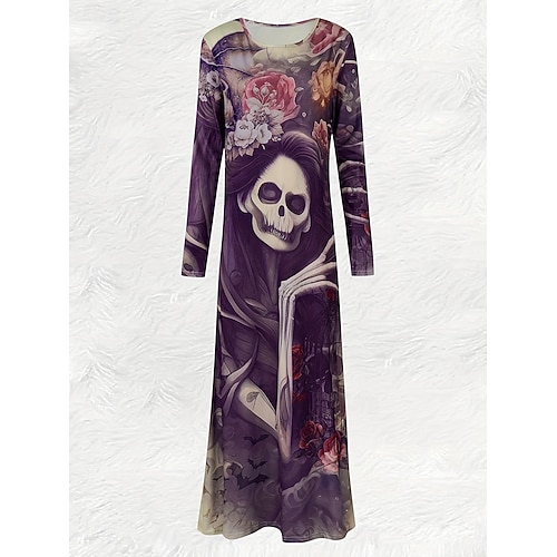  Halloween Per donna Abito maxi Abito a Tubino Abito a trapezio Casual Quotidiano Vestibilità regolare Grafico Toro Manica Lunga Girocollo Nero Viola Autunno Inverno