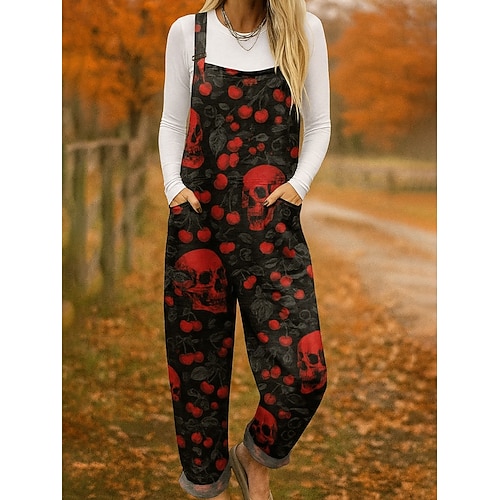  Macacão feminino 100% algodão, leve, floral, sem mangas, perna larga, gola redonda, bolso, férias, diário, solto, preto, branco, vermelho, outono