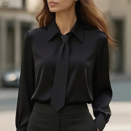  Damen Elegant Satin Arbeitshemd Bluse Einfach Modern Lässig Langarm Hemdkragen Normale Oberteile Täglich Ferien Patchwork Schwarz Weiß Rosa Khaki Herbst