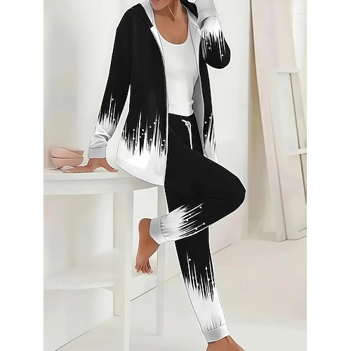  Completo da donna due pezzi, attivo, quotidiano, con felpa e pantaloni, manica lunga, girocollo, con cappuccio, stampa floreale sfumata, con coulisse, casual, nero e bianco, autunno, vestibilità