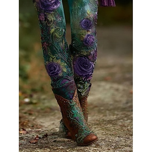  Women's Pants Trousers Leggings Cozy Leggings Streetwear Casual Full Length High Waist Floral Elastic Waist Print Breathability Comfortable Stretchy Vacation Street Daily Wear Green Summer Spring Fall