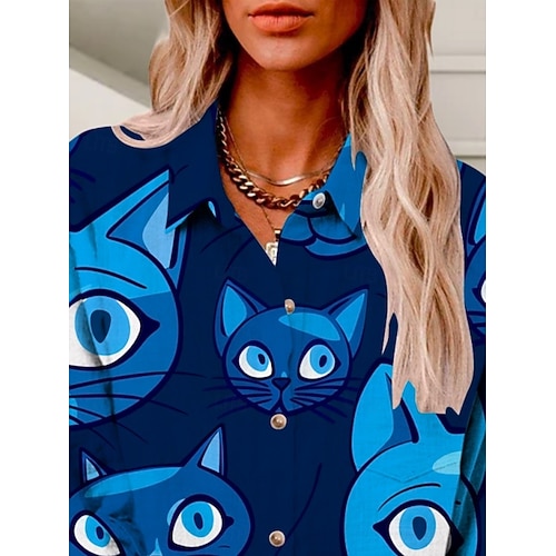  Women's Shirt Cat Active Daily Stylish Long Sleeve Shirt Collar Regular Tops Daily Holiday Buttons Print Blue Summer Spring Fall