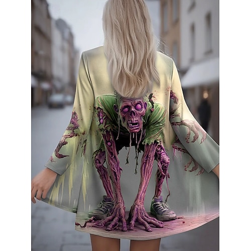  halloween dame vinterfrakk trenchcoat lett komfortabel trykk åpen front vintage mote avslappet hodeskalle ferie avslappet lang krageløs løs passform langermet yttertøy gul blå lilla