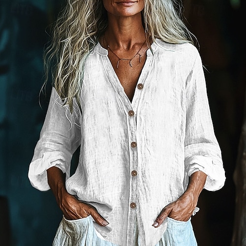 Per donna Camicia Camicie di cotone e lino Blusa con texture Blusa Semplice Moderno Casual Manica Lunga Scollo a V Top Regolari Quotidiano Ferie Uscire Bottoni Nero Bianco Rosa Vino Verde militare