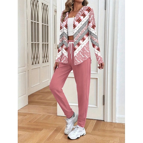  Completo da donna due pezzi, attivo, quotidiano, con felpa e pantaloni, manica lunga, scollo a V, con cappuccio, stampa floreale, con coulisse, casual, giallo, rosa, verde, autunno, vestibilità