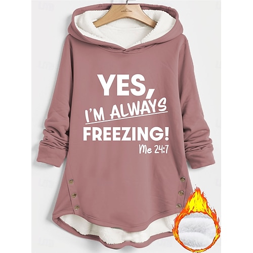  Mulheres Pulôver Moletom Com Capuz Gráfico Letra Quente Casual Manga Longa Com Capuz Tops longos Rua Dia a Dia Botões Imprimir Preto Rosa Escuro Azul Cinzento Outono Inverno