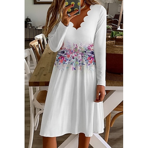 Femmes Mini Robe Robe fourreau Occasionnel Boho Quotidien Coupe régulière Fleuri Graphique manche longue Col en V Blanche Orange Été Printemps Automne Hiver