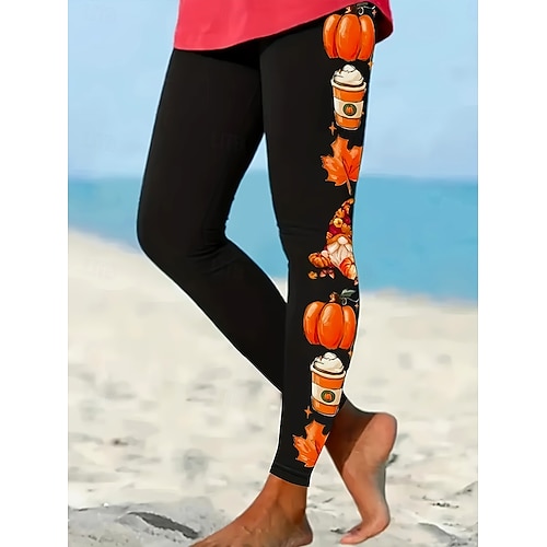  Femmes Leggings Vacances ancien Mode Longueur complète Taille hautePantsHalloween Graphique Potiron Impression Doux Respirant Haute Élasticité Extérieur Vacances Rue Orange Printemps Automne Hiver