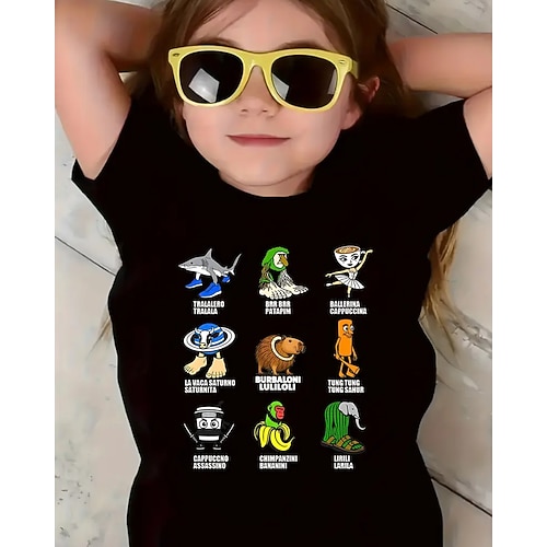 T-shirt grafica divertente con scritta Italian Brainrot per ragazze - t-shirt elasticizzata leggera con tessuto elasticizzato leggero per bambini dai 