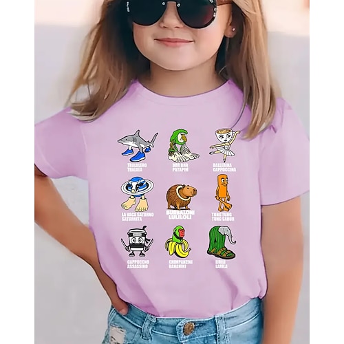 T-shirt grafica divertente con scritta Italian Brainrot per ragazze - t-shirt elasticizzata leggera con tessuto elasticizzato leggero per bambini dai 