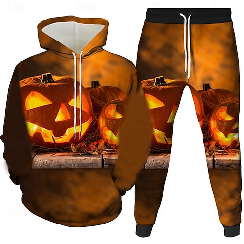 Halloween Men's Pumpkin 2pcs 3D Sweatshirt Sets Tracksuit Hoodie Sweatshirt Long Sleeve Long pants Hooded Casual Daily Athleisure Festival Outfit 3D Print Spring Fall Winter Black Blue Orange