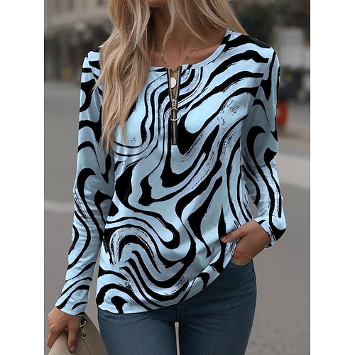 Femmes T-shirt Graphique Géométrique ancien Élégant Occasionnel manche longue Col rond Hauts Réguliers Quotidien Week-end Fermeture éclair Imprimé Rose Claire Bleu Vert Kaki Printemps Automne Hiver