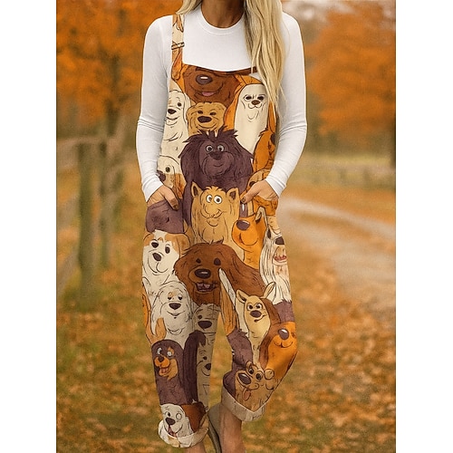  Macacão feminino 100% algodão, leve, floral, sem mangas, reto, gola redonda, com bolso, férias, halloween, ajuste solto, preto, marrom, cáqui, verão