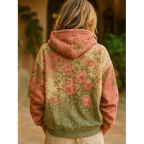  Women's Pullover Hoodie Sweatshirt Floral Graphic Casual Boho Long Sleeve Hooded Regular Tops Street Dailywear Patchwork Print Front Pocket Yellow Pink Purple Green Spring Fall Winter