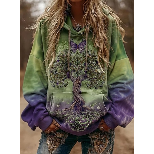  Women's Pullover Hoodie Sweatshirt Floral Graphic Casual Boho Long Sleeve Hooded Regular Tops Street Dailywear Patchwork Print Front Pocket Yellow Pink Purple Green Spring Fall Winter