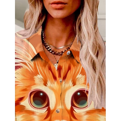 Women's Shirt Cat Active Daily Stylish Long Sleeve Shirt Collar Regular Tops Daily Holiday Buttons Print Yellow Summer Spring Fall