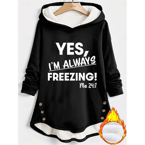  Mulheres Pulôver Moletom Com Capuz Gráfico Letra Quente Casual Manga Longa Com Capuz Tops longos Rua Dia a Dia Botões Imprimir Preto Rosa Escuro Azul Cinzento Outono Inverno