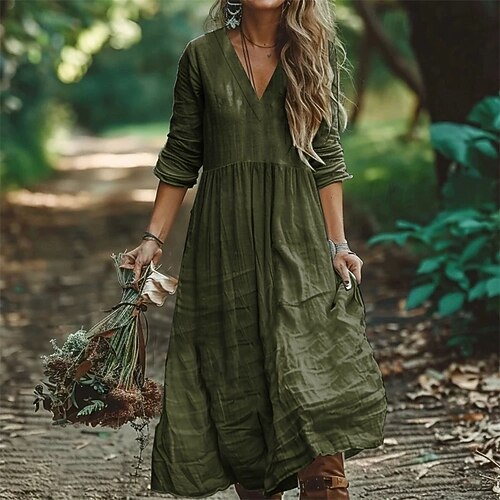 Women's Midi Dress Faux Cotton Linen Kaftan Dress Fashion Classic Modern  Outdoor Vacation Holiday Regular Fit Plain 3/4 Length Sleeve V Neck Black  Army Green Orange Dark Blue Summer 2026 - $32.99