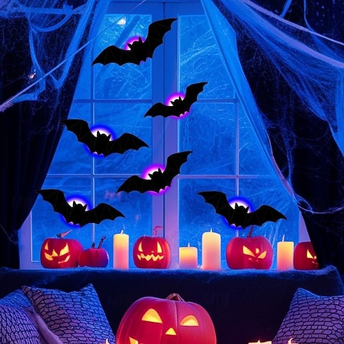  Halloweenské 3D samolepky na zeď s netopýrem, pavoukem, LED tištěné samolepky na netopýry, odnímatelné samolepky na okna do koupelny, dveří, domova, ložnice, párty potřeby