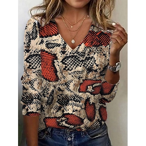  dam tunika t-shirt leopardfärgad bokstavsblock vintage snygg casual långärmad v-ringad normal toppar daglig sport helg tryck grå/röd vit/svart höst