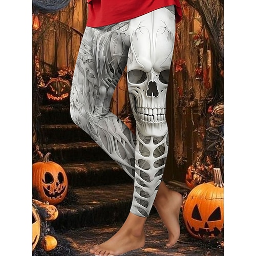  Mulheres Leggings Férias Vintage Moda Mimolet Cintura AltaPantsHalloween Gráfico Caveiras dia das Bruxas Estampado Macio Respirável Com Stretch Férias Rua Casual Branco Azul Verde cáqui Primavera
