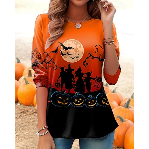 Halloween Damen T Shirt Grafik Schädel Kürbis Vintage Stilvoll Klassisch Langarm Rundhalsausschnitt Normale Oberteile Täglich Druck Schwarz Rote Leicht Braun Orange Hellgrau Herbst Winter
