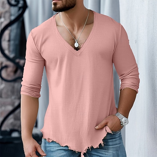  Herren Baumwoll-Leinen-Hemd T-Shirt Langarmshirt Langarm V Ausschnitt Sommer Frühling Einfarbig Täglich Lässig Trendy V-Ausschnitt Outdoor Straße Lässig Weiß Rosa Burgunderrot Top T-Shirt für Herren
