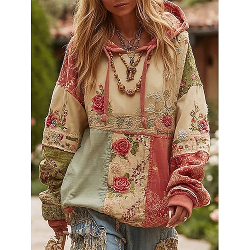  Kvinners 3D Print Hetter Pullover Sweatshirt Overdimensjonert Langermet Kledelig Grafisk Blomster Varm Aktiv Hetter Vanlige Topper Gate Hverdagsklær Patchwork Rosa Vår Høst Vinter