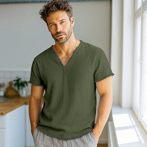  Homme T-shirt T-shirt en lin Manches courtes Col en V Été Printemps Couleur Unie Uni Mode Designer Basique Flexible Vacances Occasionnel Décontracté Quotidien Blanche Rose Claire Rouge Bordeaux