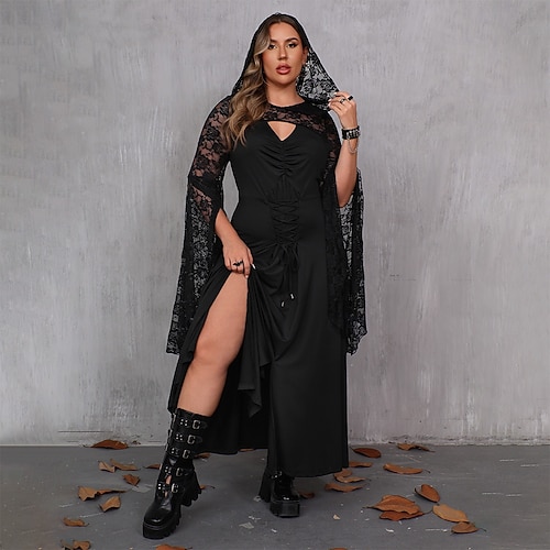 Punk & Gothic Maxi Dress Shrug Top Plus Size Bell Sleeve Witch Morticia  Addams Lace Slit A-Line Fancy Dress Women's Halloween Carnival Performance  Party Adults Dress 2026 - $36.99