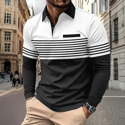  Men's Horizontal Stripes Polo Long Sleeve Polo Shirts Collared Shirts Business Casual Business Athleisure Daily Wear Pocket 3D Print Buttons Spring Fall Winter Dark Brown Black Navy Blue