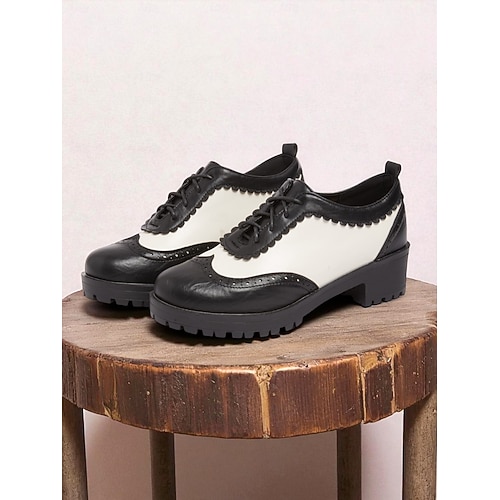  Dámské vintage černobílé oxfordské boty typu brogue z 50. let se šněrovacím designem a nízkým podpatkem - retro obuv z oktoberfestu pro běžné nošení, práci a cosplay oblečení.