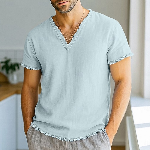  Homme T-shirt T-shirt en lin Manches courtes Col en V Été Printemps Couleur Unie Uni Mode Designer Basique Flexible Vacances Occasionnel Décontracté Quotidien Blanche Rose Claire Rouge Bordeaux