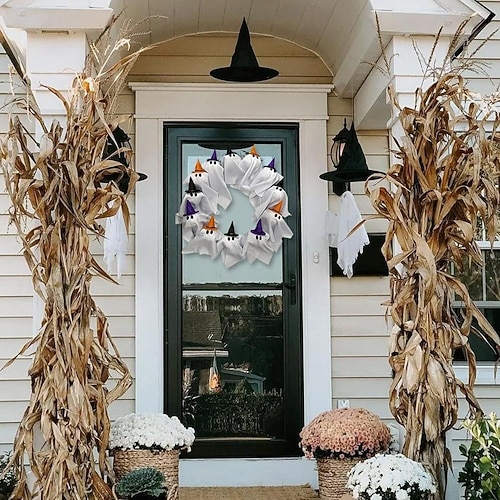  halloween szellemkoszorú fényekkel 16 hüvelykes 12 led-es kis világító fehér szellemgirland kísérteties szellemek halloween koszorúk bejárati ajtóra lógó boszorkánysapka szellem otthoni partiajtó