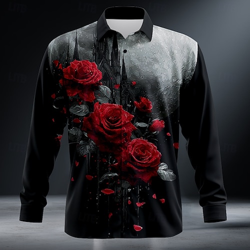 black dress shirt with red roses Button Up Black Shirt With Red Roses Mens Men's Day Of The Dead Rose Shirt  Button Up Shirt Long Sleeve Dark