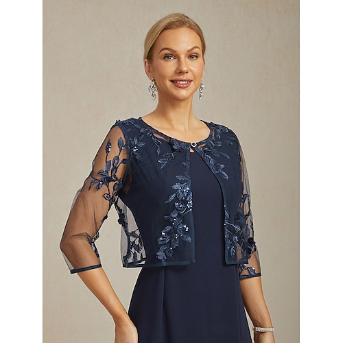  damkavaj kavaj spets broderad paljett illusionsspets elegant blommig formell jubileumsfest bröllopsgäst öppen framsida kort rund hals normal passform 3/4-ärm ytterkläder marinblå