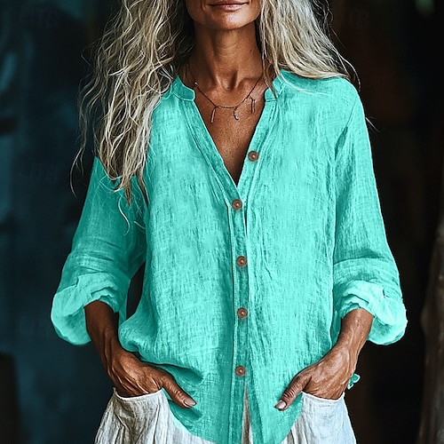  Per donna Camicia Camicie di cotone e lino Blusa con texture Blusa Semplice Moderno Casual Manica Lunga Scollo a V Top Regolari Quotidiano Ferie Uscire Bottoni Nero Bianco Rosa Vino Verde militare